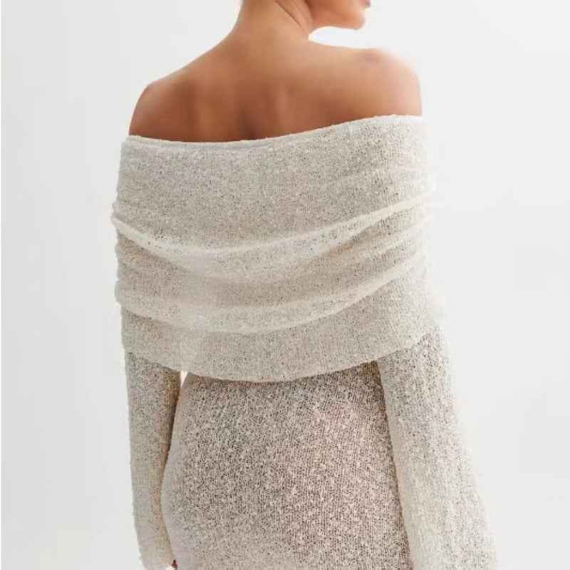 Women's Spring Summer Knitted Dress Elegant Party Boat Neck Dress Infant Off Shoulder Bodycon Long Sleeve Fuzzy Short Club Chic Mini Dress - Sultani Trade Company