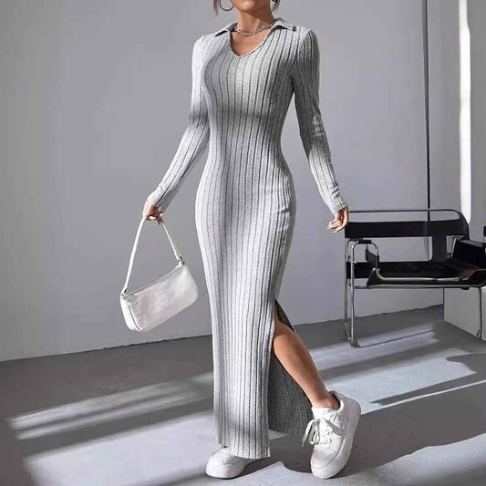 Women's Knitted Slim Lapel Long Sleeve Dress - Sultani Trade Company