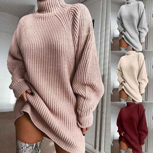 Solid Turtleneck Long Sweater Winter Warm Women Sweater Dress - Sultani Trade Company
