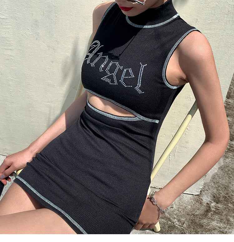 Fashion street beat letter rhinestone slim dress