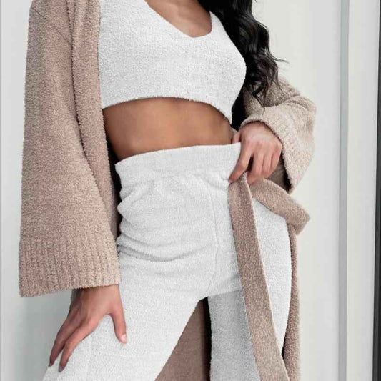 3pcs Womens Clothing Long Sleeve Crop Tank Top And Drawstring Shorts Pajama Set - Sultani Trade Company