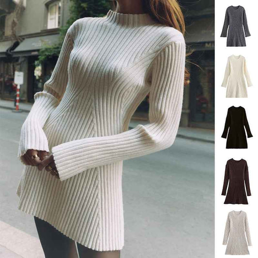 Fashion Solid Ribbed Knitted Dress Fall And Winter Slim-fit Stand-up Collar A-line Dresses Women's Clothing - Sultani Trade Company
