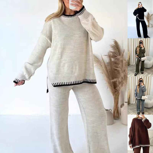 Women's Suit Fashion Pullover Split Long-sleeved Top And Loose Straight Pants Solid Color Two-piece Set - Sultani Trade Company