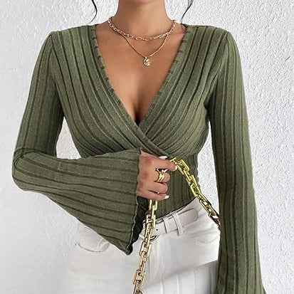 Women's Autumn And Winter Rib Sunken Stripe V-neck Flared Slim-fit Long Sleeve T-shirt Elegant Women's Top - Sultani Trade Company