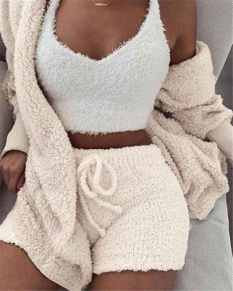 3pcs Womens Clothing Long Sleeve Crop Tank Top And Drawstring Shorts Pajama Set - Sultani Trade Company