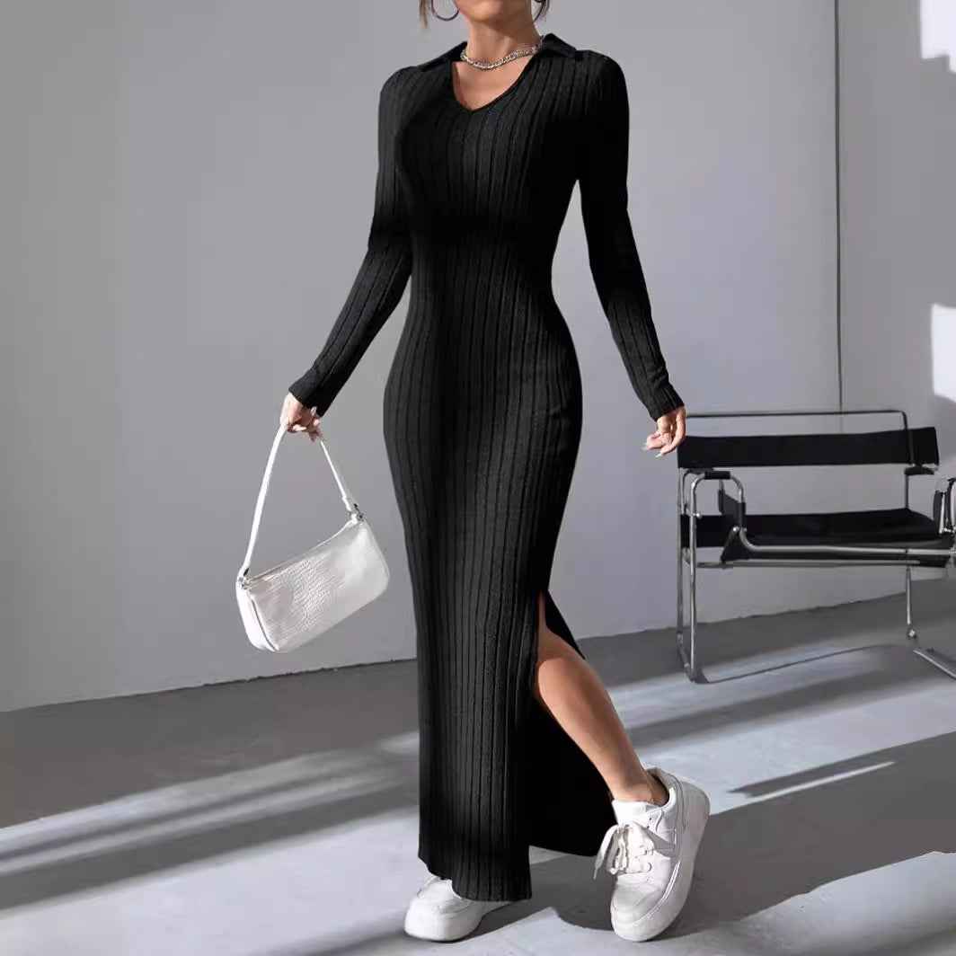 Women's Knitted Slim Lapel Long Sleeve Dress - Sultani Trade Company