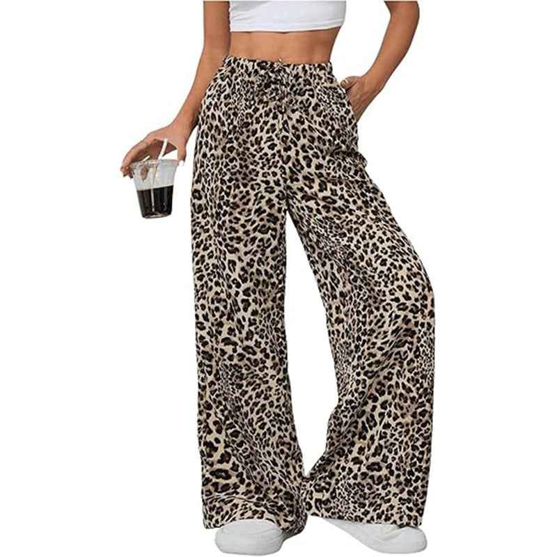 Women's Casual Leopard Print High Waisted Wide-Leg Pants Elegant Drawstring Loose Long Trousers - Sultani Trade Company