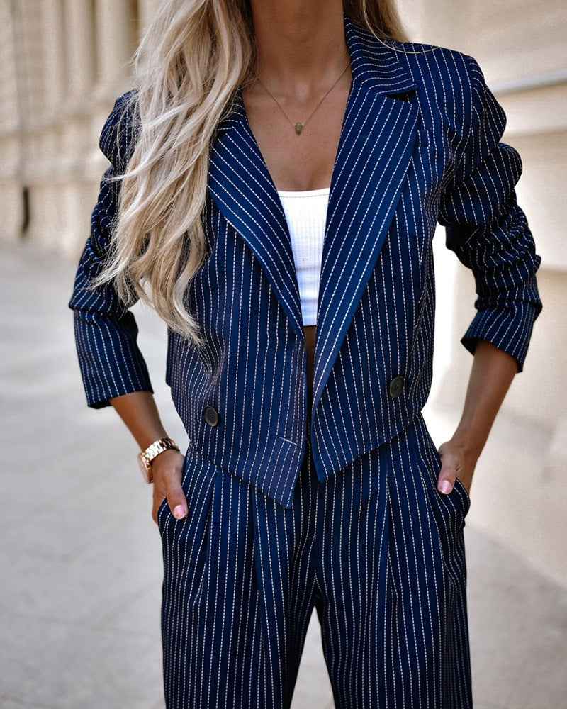 Women's Spring Fashion Striped Suits Casual Lapel Long Sleeve Cropped Top And Straight Pants Outfits Women's Clothing - Sultani Trade Company