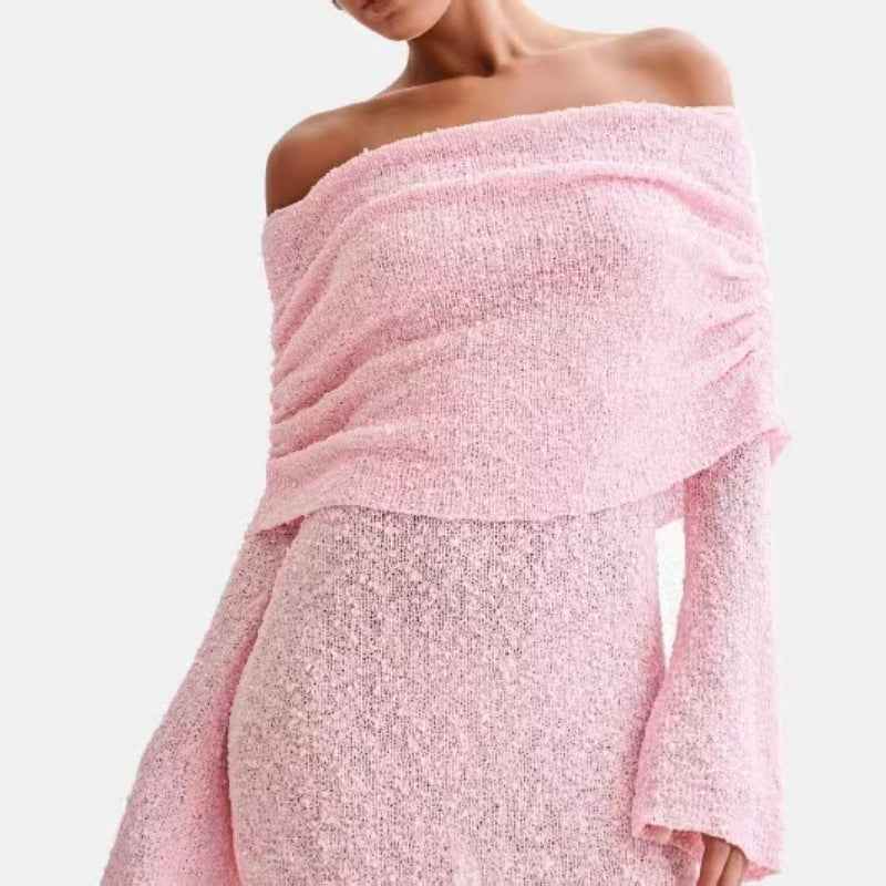 Women's Spring Summer Knitted Dress Elegant Party Boat Neck Dress Infant Off Shoulder Bodycon Long Sleeve Fuzzy Short Club Chic Mini Dress - Sultani Trade Company