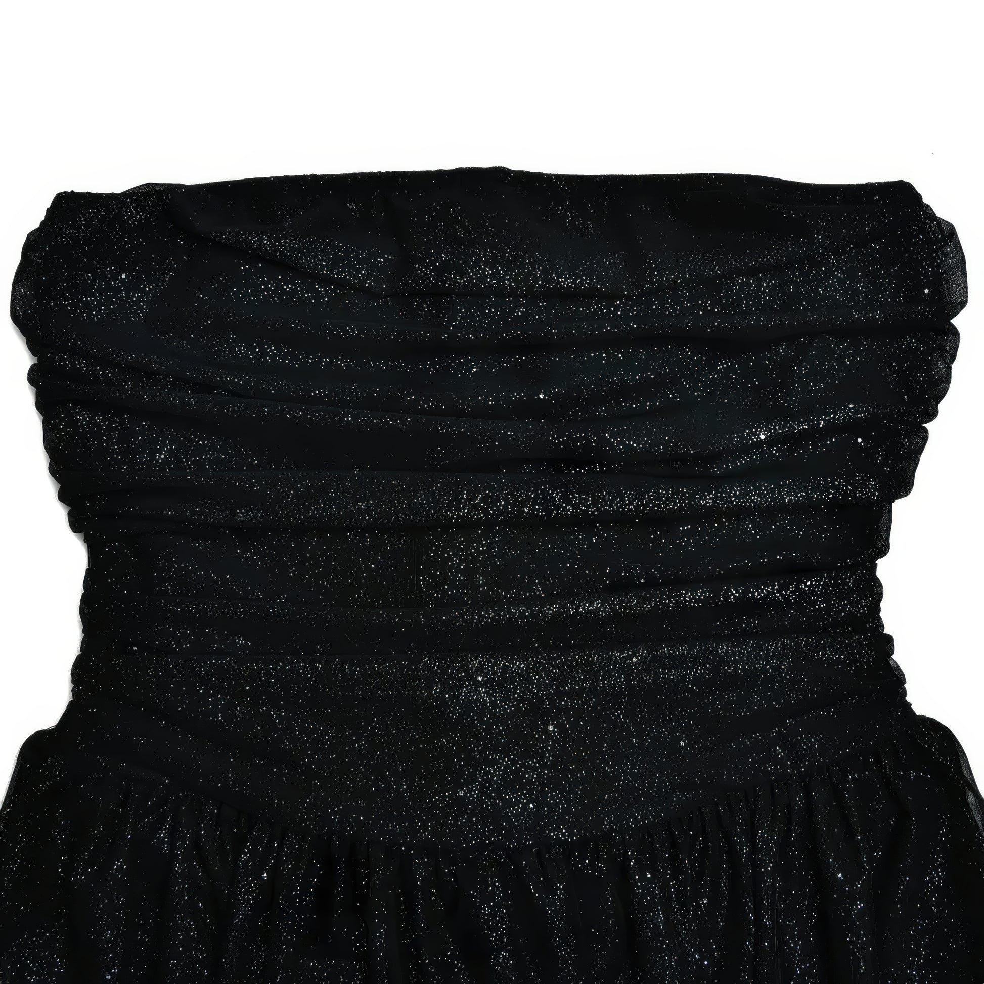 A black strapless dress with a sparkly, glittery texture.