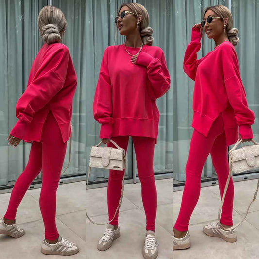 Sweater Suit Women's Casual Loose Long Sleeve Crew Neck Split Top Tight Trousers - Sultani Trade Company
