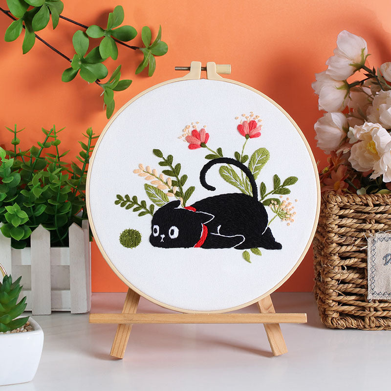 DIY Black Cat & Moonlight Floral Embroidery Kit - Hand Embroidery Beginner Set or 5-Pack | Unique Needlework Gift