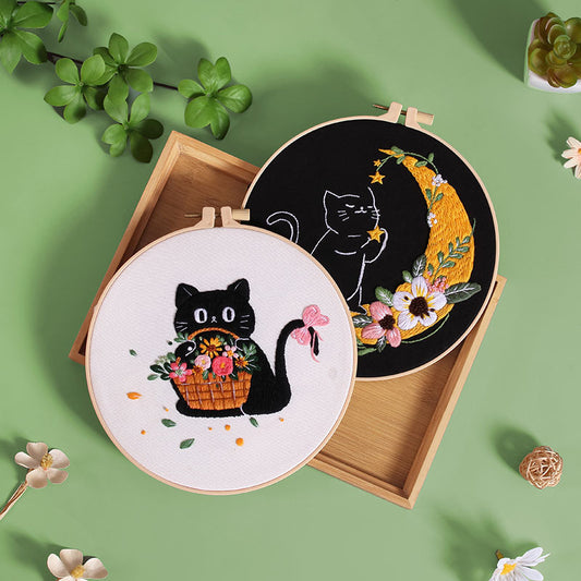 DIY Black Cat & Moonlight Floral Embroidery Kit - Hand Embroidery Beginner Set or 5-Pack | Unique Needlework Gift