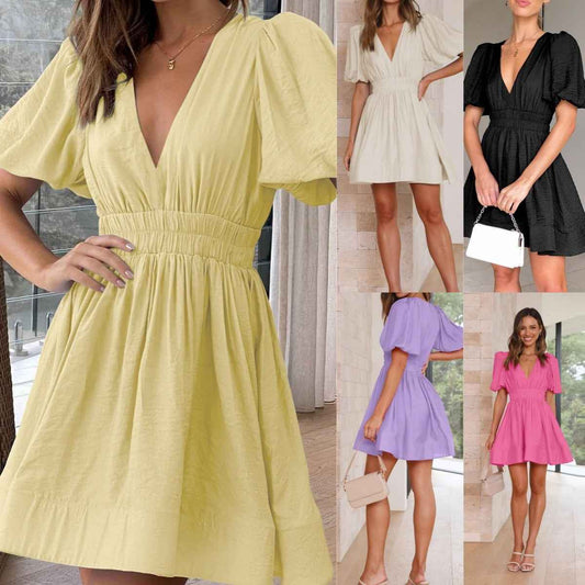 Elegant Summer Dress for Women - V-Neck Lantern Sleeve Evening Dress with Sweet Waist Trimming - Sultani Trade Company