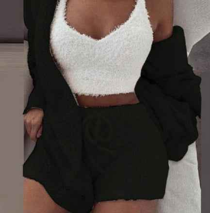 3pcs Womens Clothing Long Sleeve Crop Tank Top And Drawstring Shorts Pajama Set - Sultani Trade Company