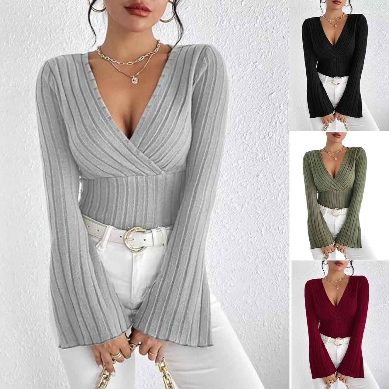 Women's Autumn And Winter Rib Sunken Stripe V-neck Flared Slim-fit Long Sleeve T-shirt Elegant Women's Top - Sultani Trade Company
