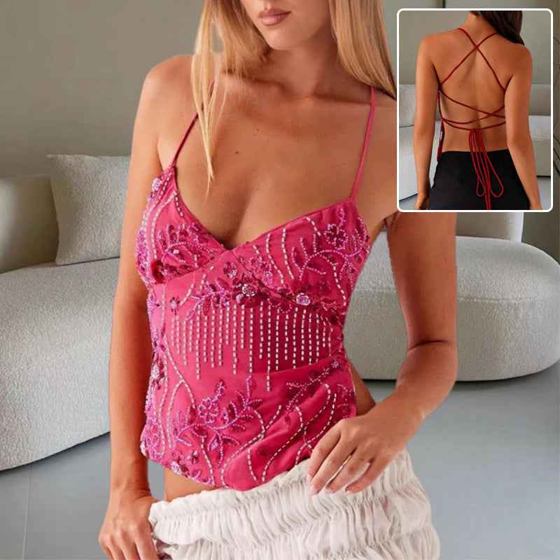 Y2K Dopamine-colored Bandeau Sling Tops Summer V-neck Flower Beaded Backless Vest For Women - Sultani Trade Company