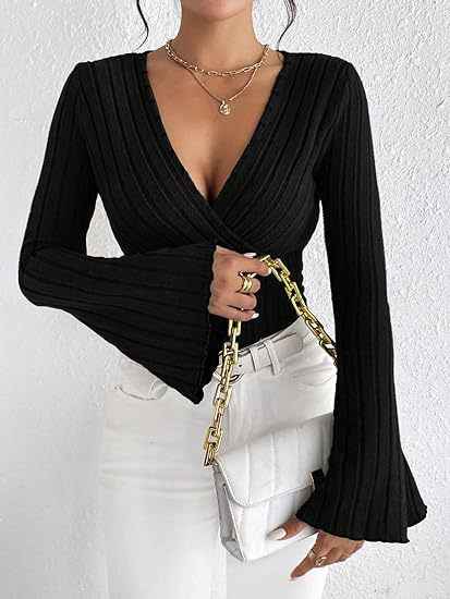 Women's Autumn And Winter Rib Sunken Stripe V-neck Flared Slim-fit Long Sleeve T-shirt Elegant Women's Top - Sultani Trade Company