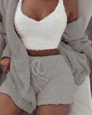 3pcs Womens Clothing Long Sleeve Crop Tank Top And Drawstring Shorts Pajama Set - Sultani Trade Company