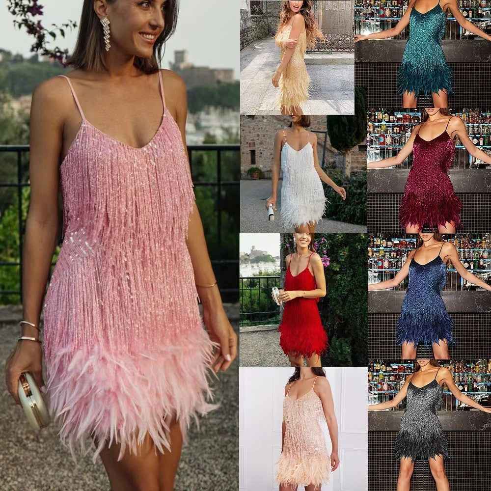Sexy Tassel Sequins Feather Summer Mini Dress Women V Neck Spaghetti Strap Stitching Dresses Female Elegant Evening Party Club Dress - Sultani Trade Company