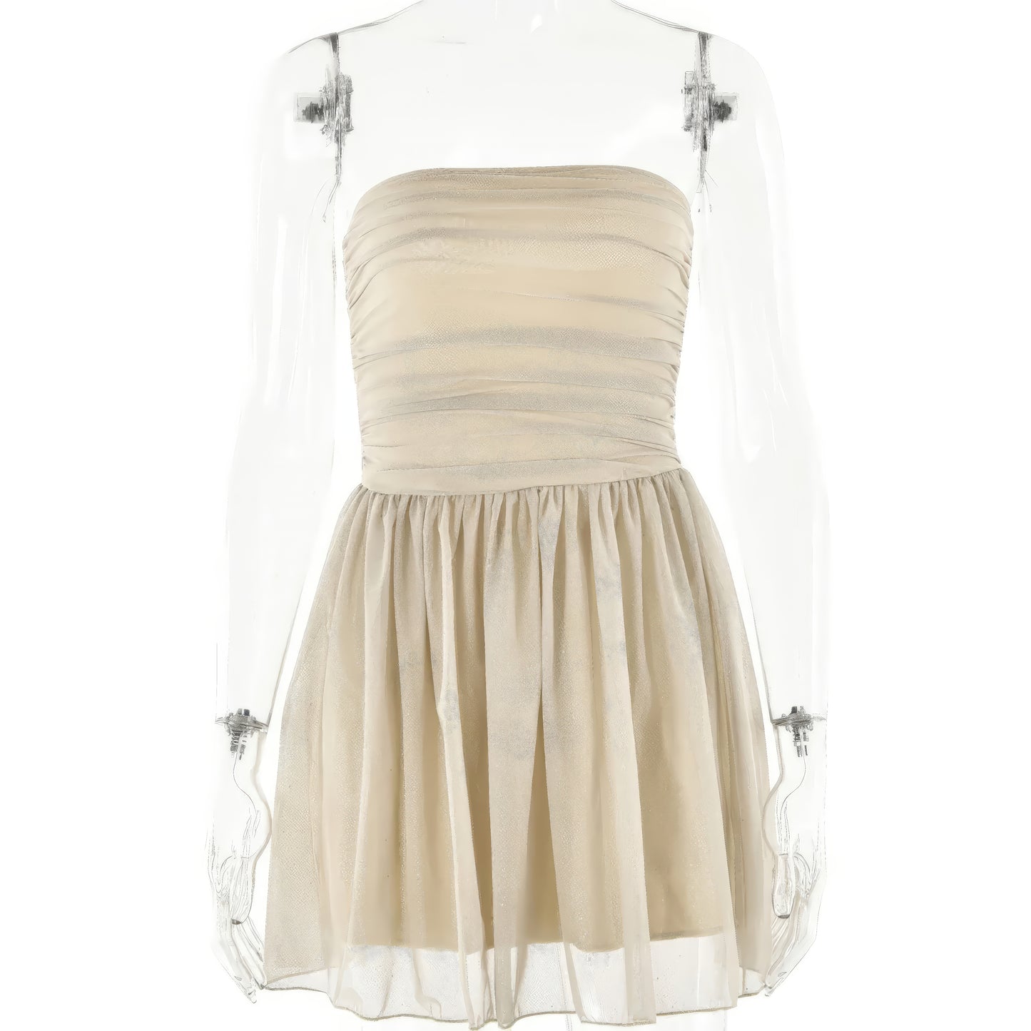 A strapless, beige dress with a ruched bodice and a full, pleated skirt.