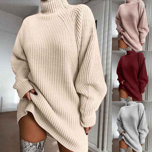 Solid Turtleneck Long Sweater Winter Warm Women Sweater Dress - Sultani Trade Company
