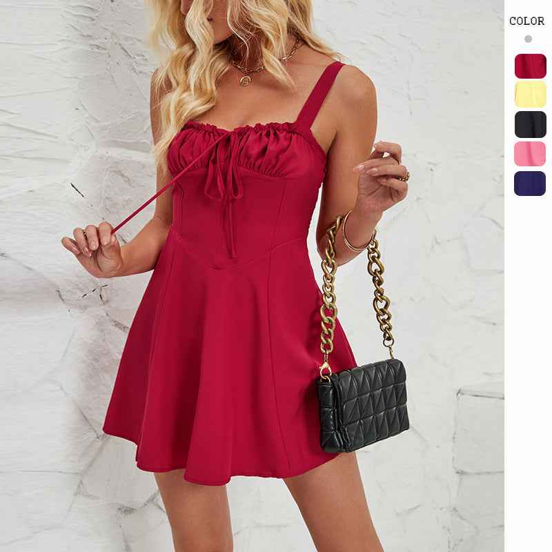 Summer Sleeveless Solid Color A-line Dress Lace-up Suspender Mini Skirt For Womens Clothing - Sultani Trade Company