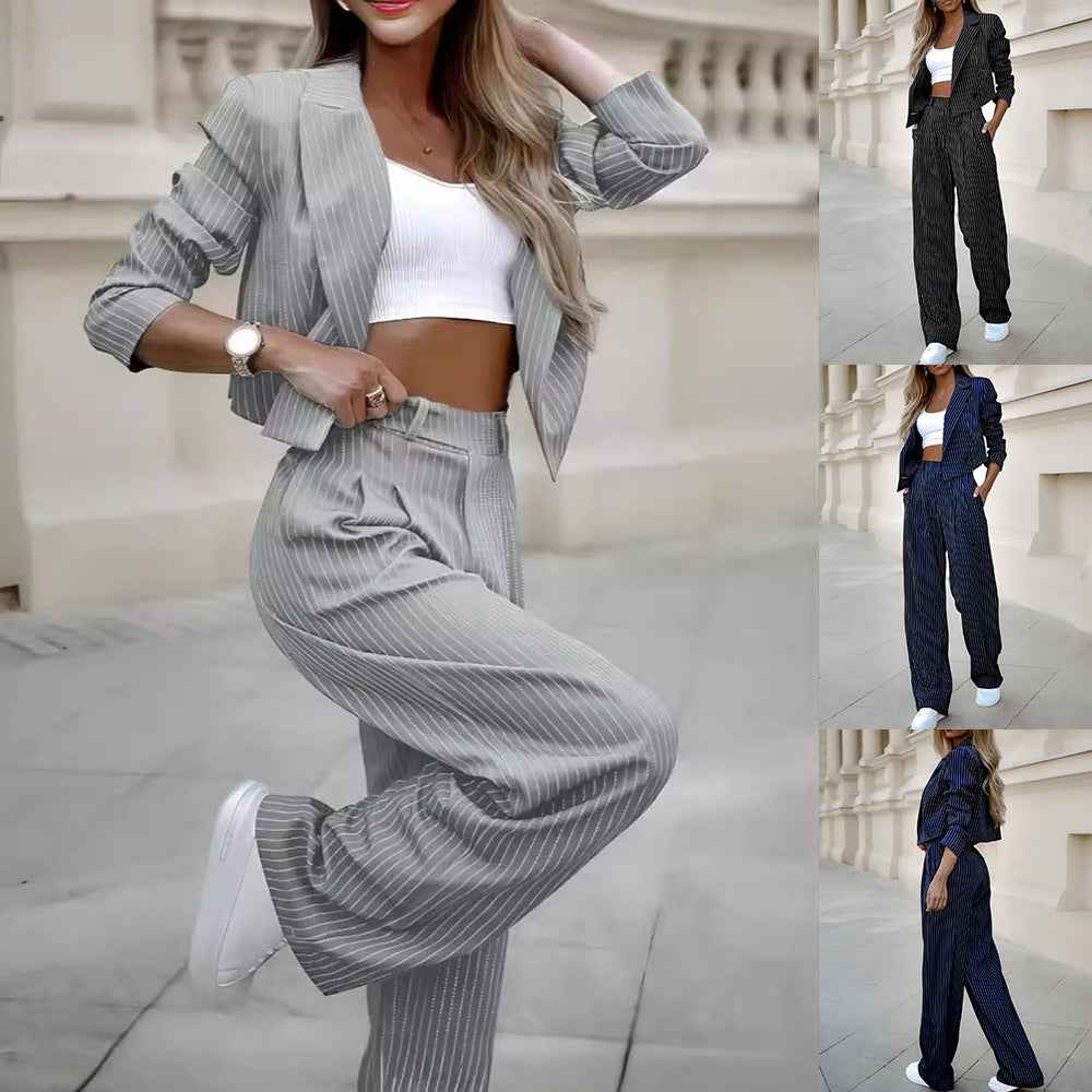 Women's Spring Fashion Striped Suits Casual Lapel Long Sleeve Cropped Top And Straight Pants Outfits Women's Clothing - Sultani Trade Company
