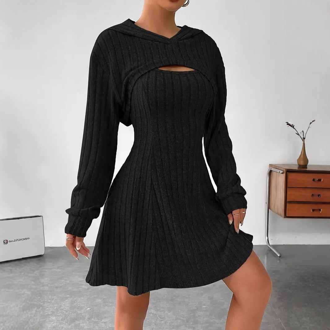 Women's Two-piece Set Dresses New Fashion Fall Winter Hooded Shawl Long-sleeved Vest Short Skirt - Sultani Trade Company