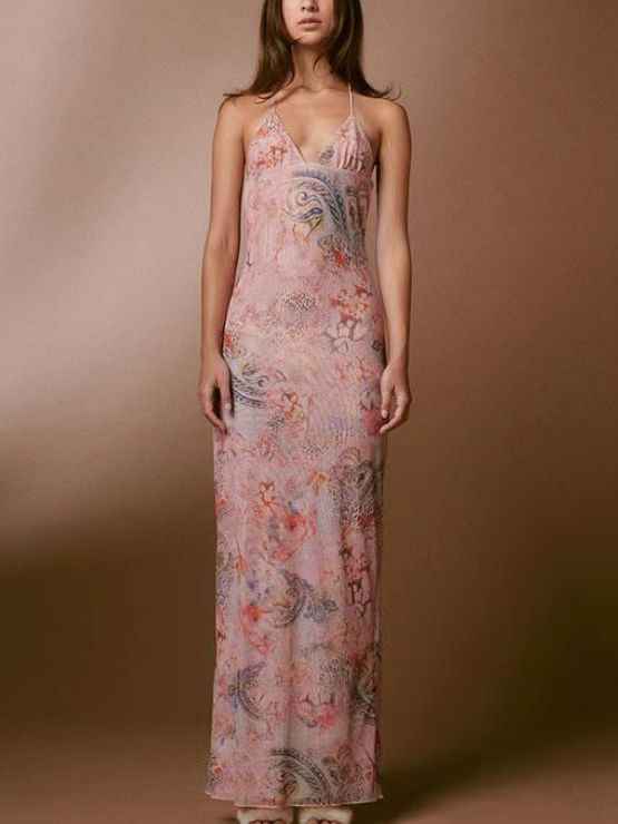 Floral Print Halter Dress with Slim Fit and Butterfly Back for Spring Summer Women's Fashion - Sultani Trade Company