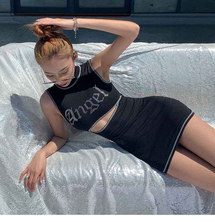 Fashion street beat letter rhinestone slim dress