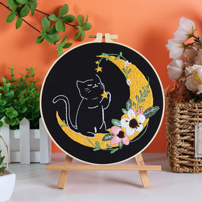 DIY Black Cat & Moonlight Floral Embroidery Kit - Hand Embroidery Beginner Set or 5-Pack | Unique Needlework Gift