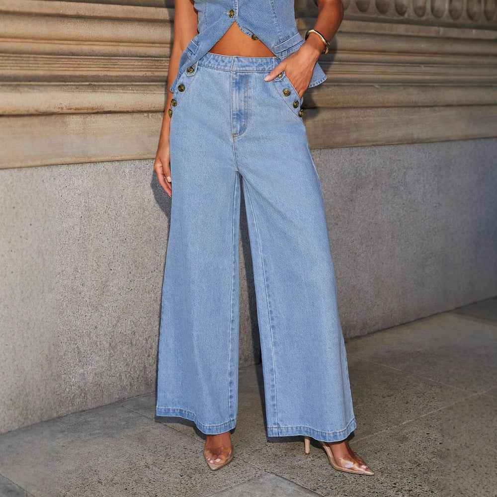 Denim Vest Suits Fashion Sleeveless Button Tops And Wide Leg Straight Pants With Pockets Women's Trousers Set - Sultani Trade Company