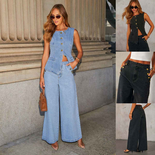 Denim Vest Suits Fashion Sleeveless Button Tops And Wide Leg Straight Pants With Pockets Women's Trousers Set - Sultani Trade Company