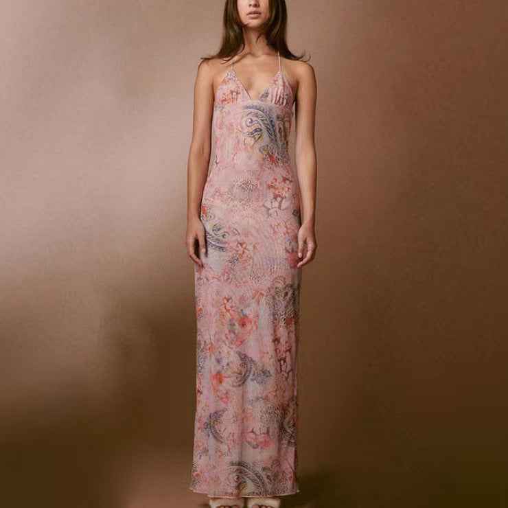 Floral Print Halter Dress with Slim Fit and Butterfly Back for Spring Summer Women's Fashion - Sultani Trade Company