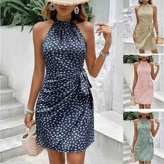 Summer Halterneck Printed Dress With Tied-waist Design Women's Shivering Dots Temperament Dress - Sultani Trade Company
