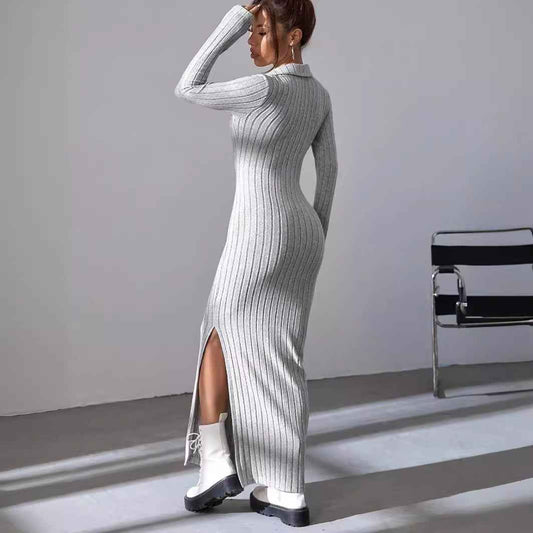 Women's Knitted Slim Lapel Long Sleeve Dress - Sultani Trade Company