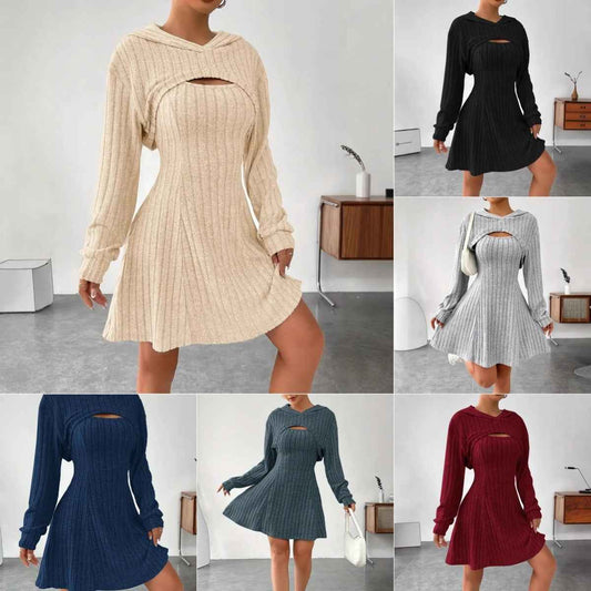 Women's Two-piece Set Dresses New Fashion Fall Winter Hooded Shawl Long-sleeved Vest Short Skirt - Sultani Trade Company