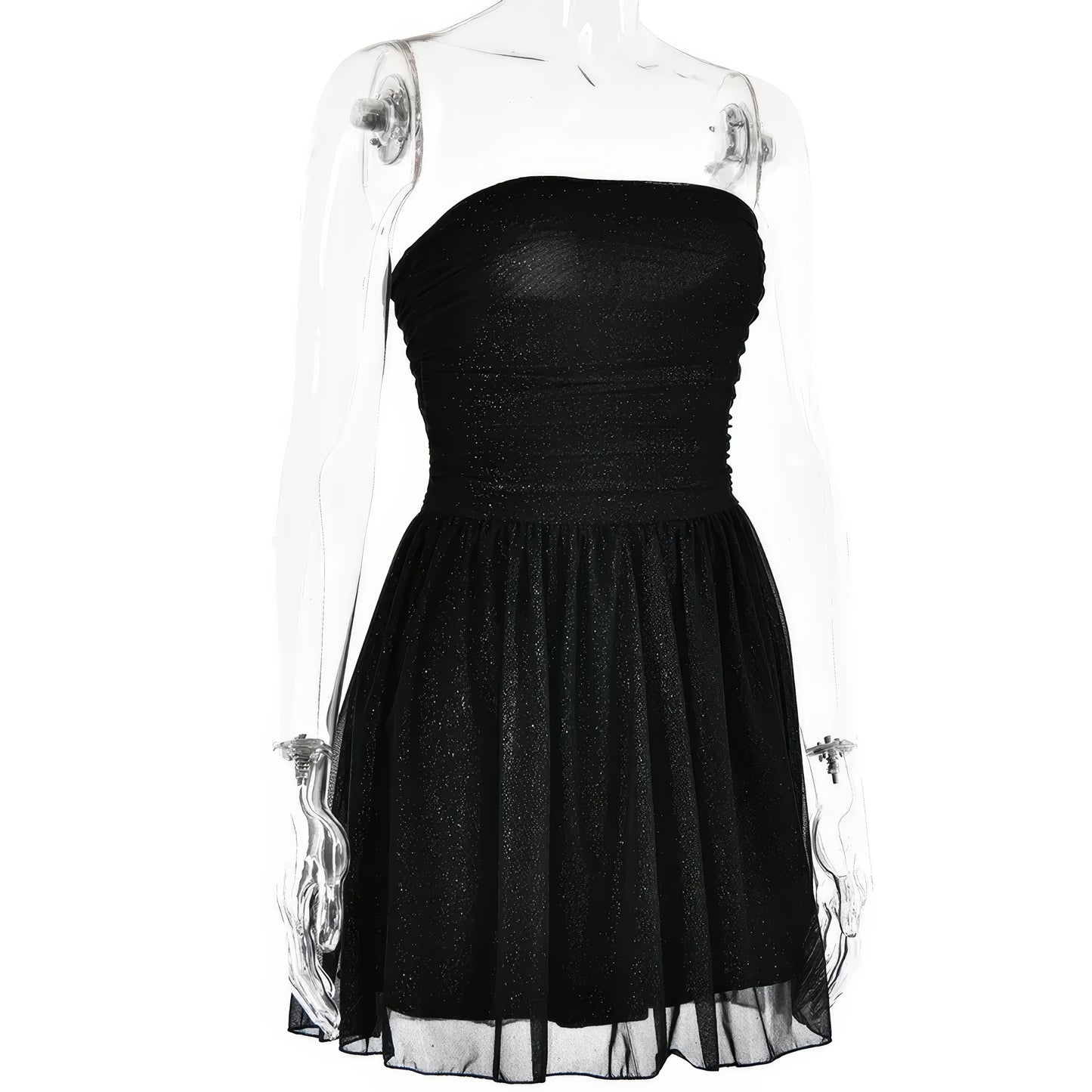 A mannequin wearing a strapless black dress with a full skirt.