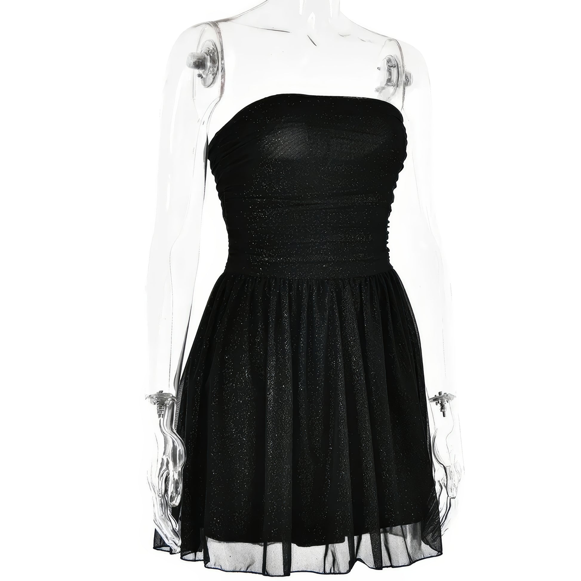 A mannequin wearing a strapless black dress with a full skirt.