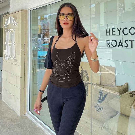 Women's Graceful And Fashionable Rhinestone Lace-up Halterneck U-neck Slim Vest - Sultani Trade Company