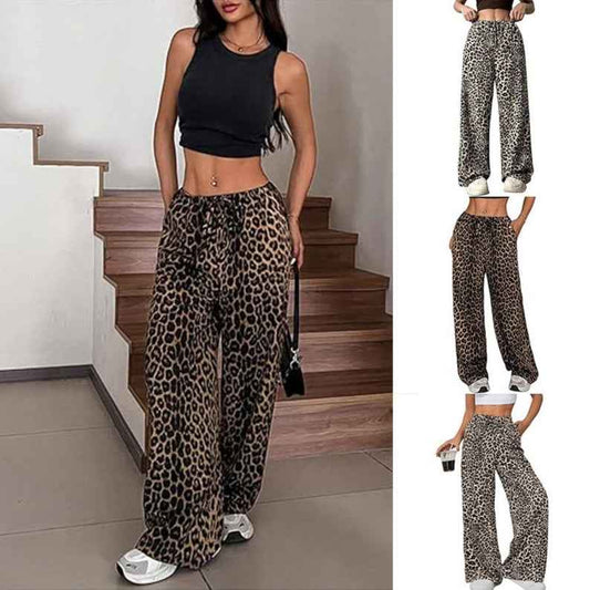 Women's Casual Leopard Print High Waisted Wide-Leg Pants Elegant Drawstring Loose Long Trousers - Sultani Trade Company