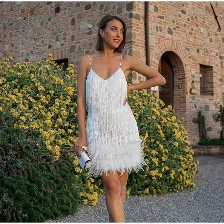 Sexy Tassel Sequins Feather Summer Mini Dress Women V Neck Spaghetti Strap Stitching Dresses Female Elegant Evening Party Club Dress - Sultani Trade Company