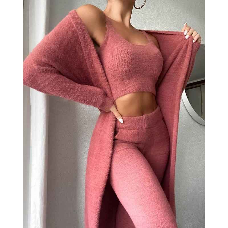 Cozy Pajama Set, 3 Piece Lounge Set, Cute Loungewear, Warm Suit Sets, Matching Set, Lounge Set, 3 Piece Pant Sets, Women Winter Dress - Sultani Trade Company