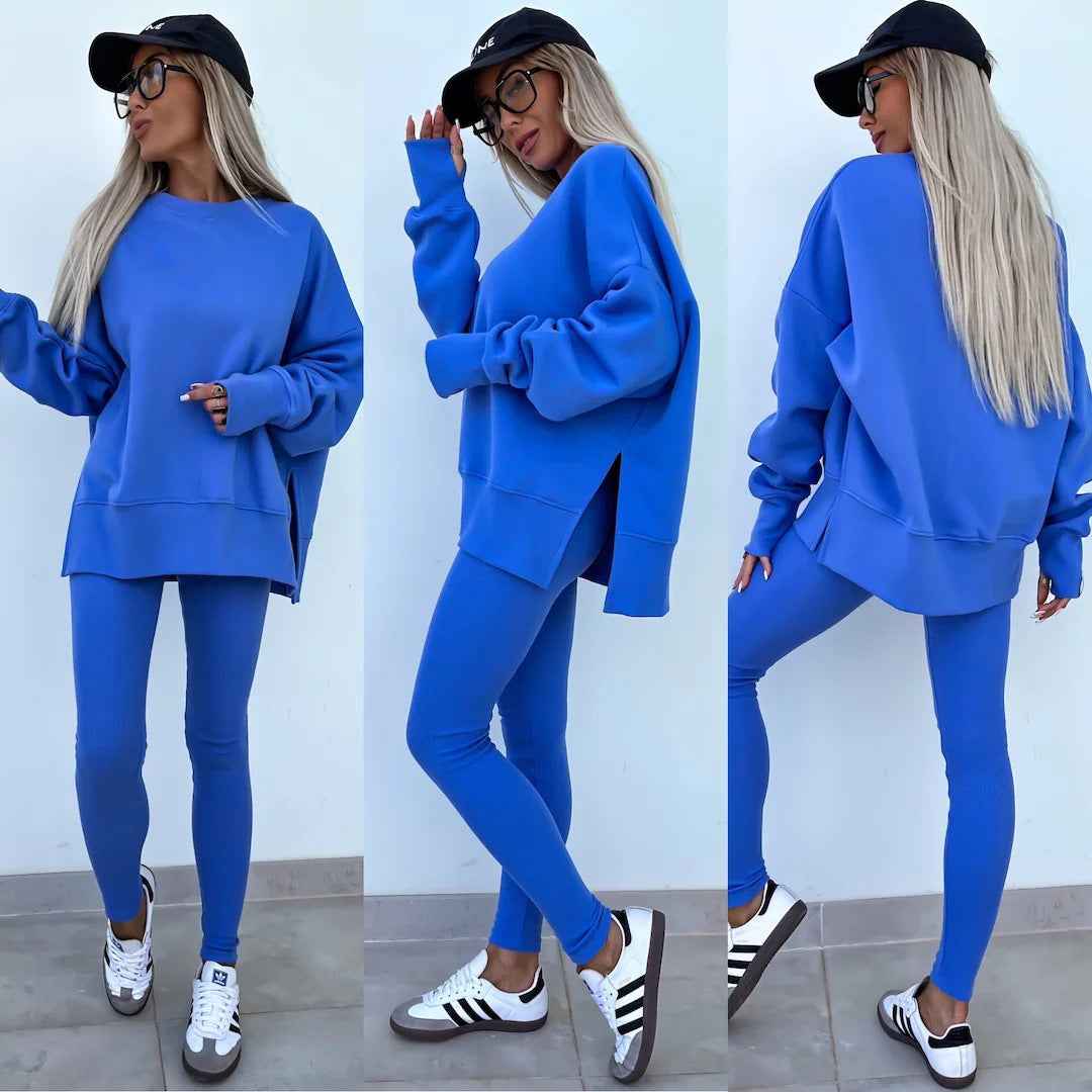 Sweater Suit Women's Casual Loose Long Sleeve Crew Neck Split Top Tight Trousers - Sultani Trade Company