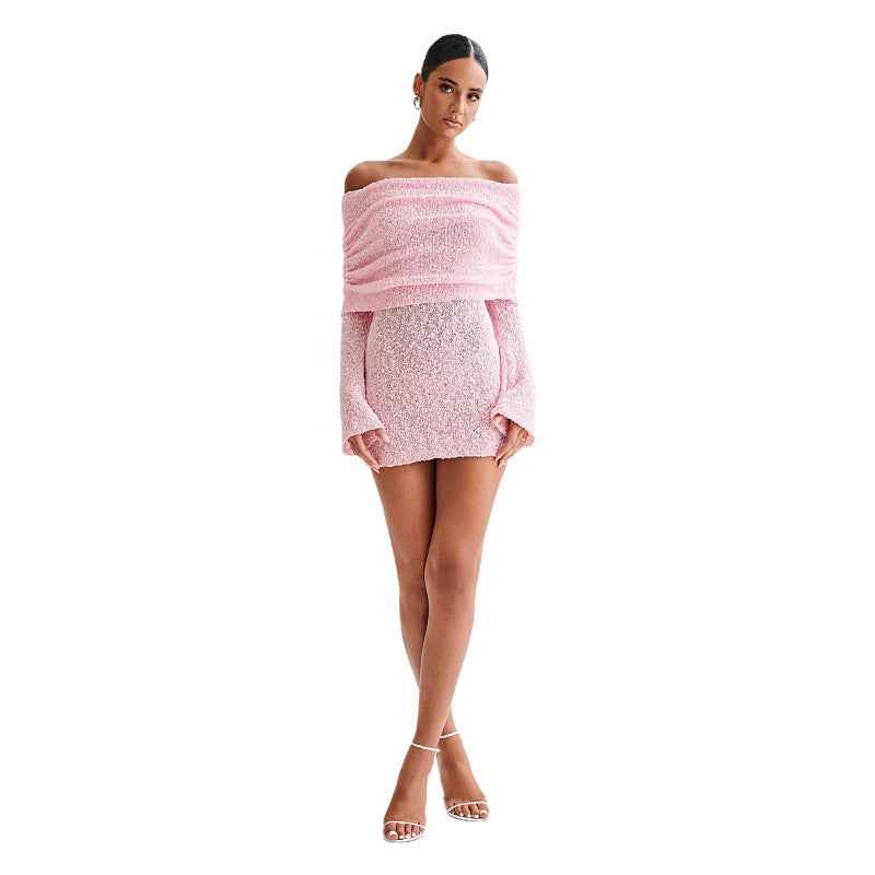 Women's Spring Summer Knitted Dress Elegant Party Boat Neck Dress Infant Off Shoulder Bodycon Long Sleeve Fuzzy Short Club Chic Mini Dress - Sultani Trade Company