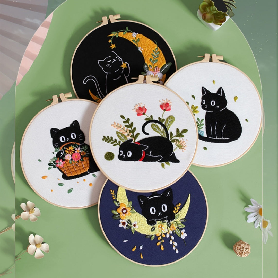 DIY Black Cat & Moonlight Floral Embroidery Kit - Hand Embroidery Beginner Set or 5-Pack | Unique Needlework Gift