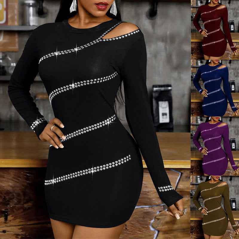 Rhinestone Slim-fit Sheath Off-shoulder Dress - Sultani Trade Company