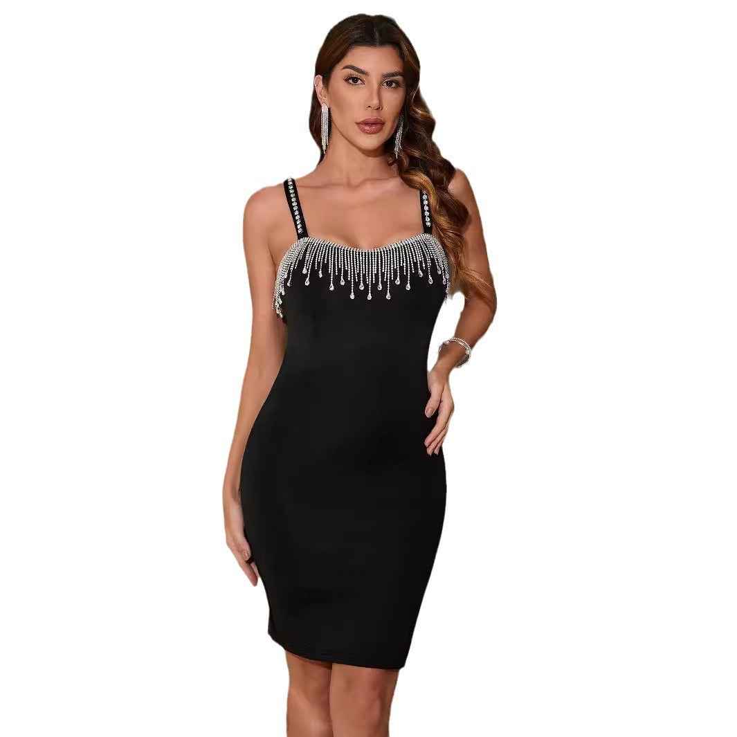 Women Sexy Dress Ladies Party Night Birthday Fringe Slit Sleeveless Body Dress Summer Elegant Sling Short Mini Pencil Skirt - Sultani Trade Company