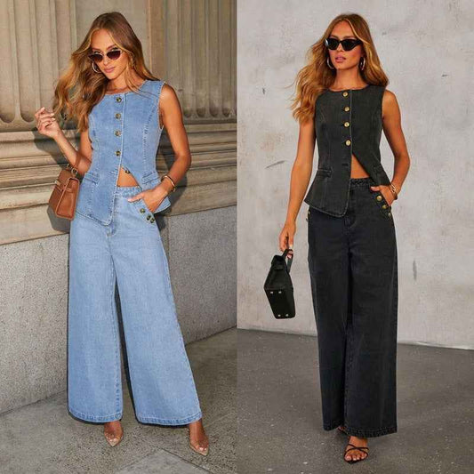 Denim Vest Suits Fashion Sleeveless Button Tops And Wide Leg Straight Pants With Pockets Women's Trousers Set - Sultani Trade Company
